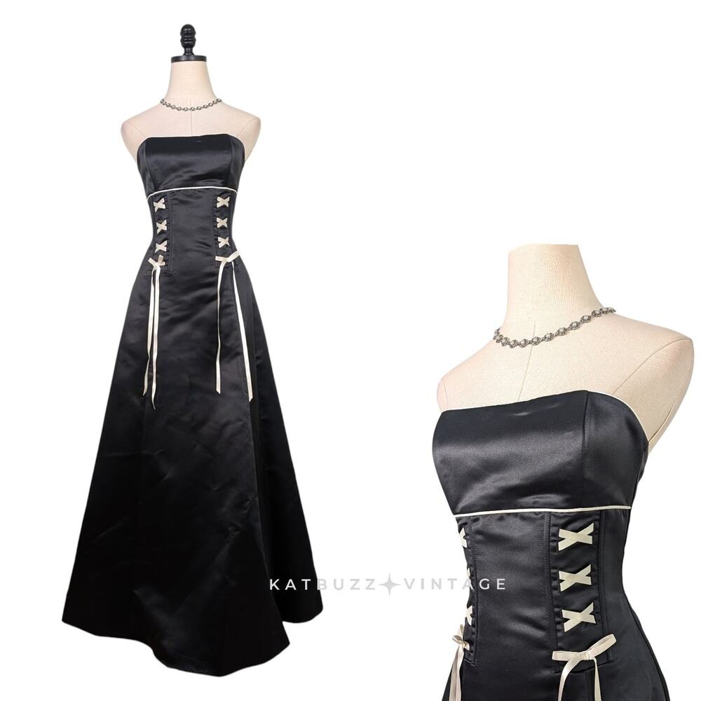 Vintage Mcclintock Prom Dress Maxi Gown 6 Black Corset Bow Coquette 90s Straples